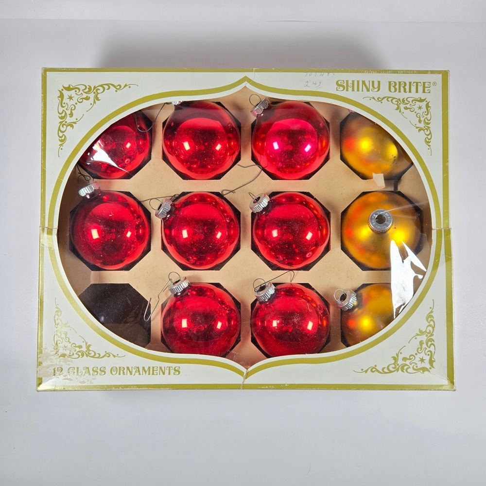 VTG Shiny Brite Max Eckardt & Sons Red‎ Gold Glass Christmas Balls - Box of 11